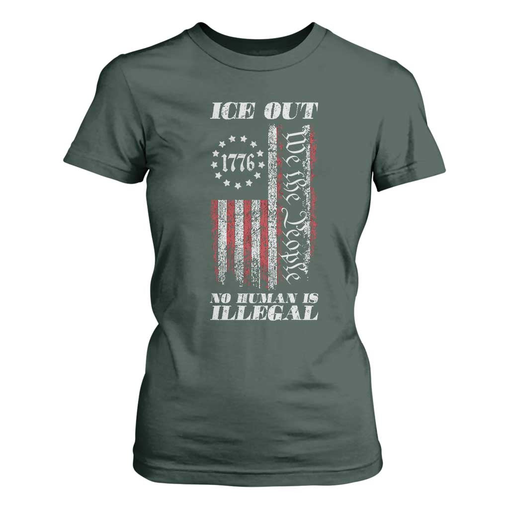 Ice Out No Human Is Illegal T Shirt For Women Vintage Old 1776 US Flag TS10 Dark Forest Green Print Your Wear