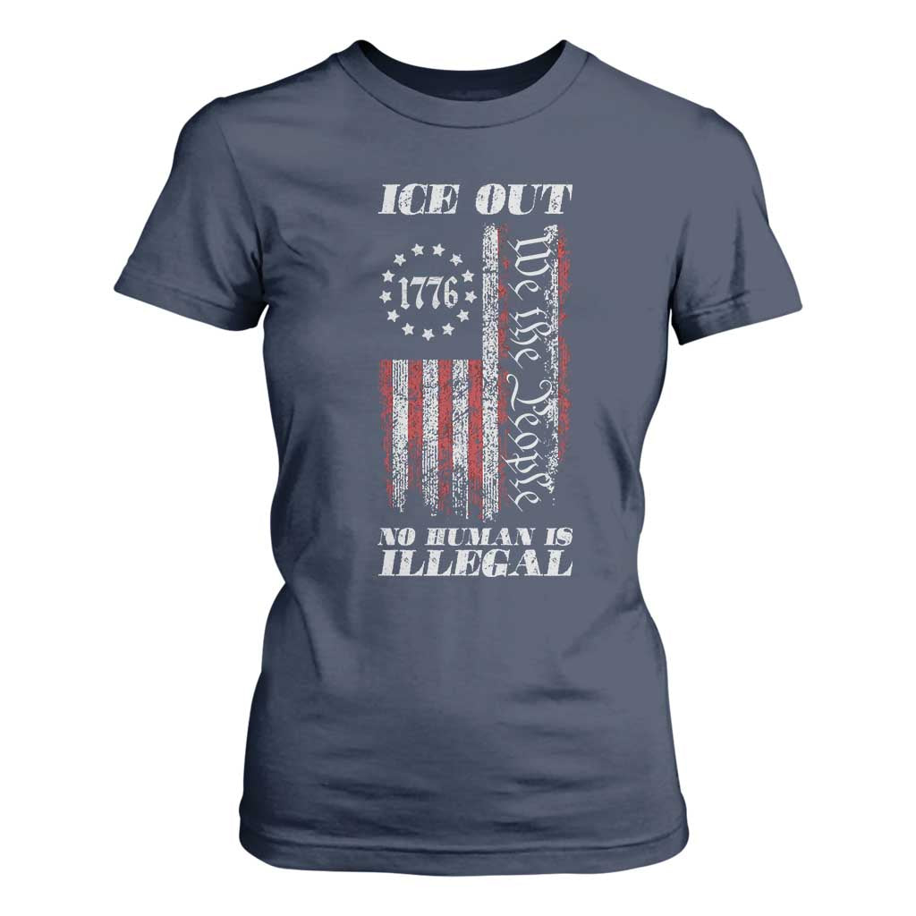 Ice Out No Human Is Illegal T Shirt For Women Vintage Old 1776 US Flag TS10 Navy Print Your Wear