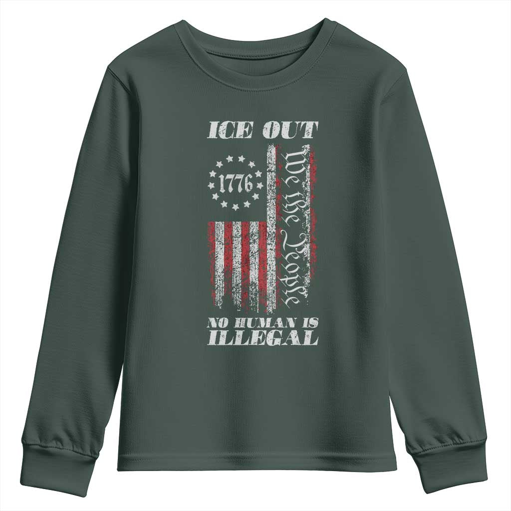 Ice Out No Human Is Illegal Youth Sweatshirt Vintage Old 1776 US Flag TS10 Dark Forest Green Print Your Wear