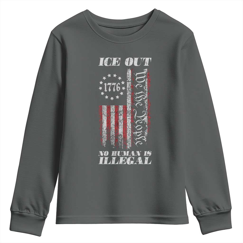 Ice Out No Human Is Illegal Youth Sweatshirt Vintage Old 1776 US Flag TS10 Dark Heather Print Your Wear