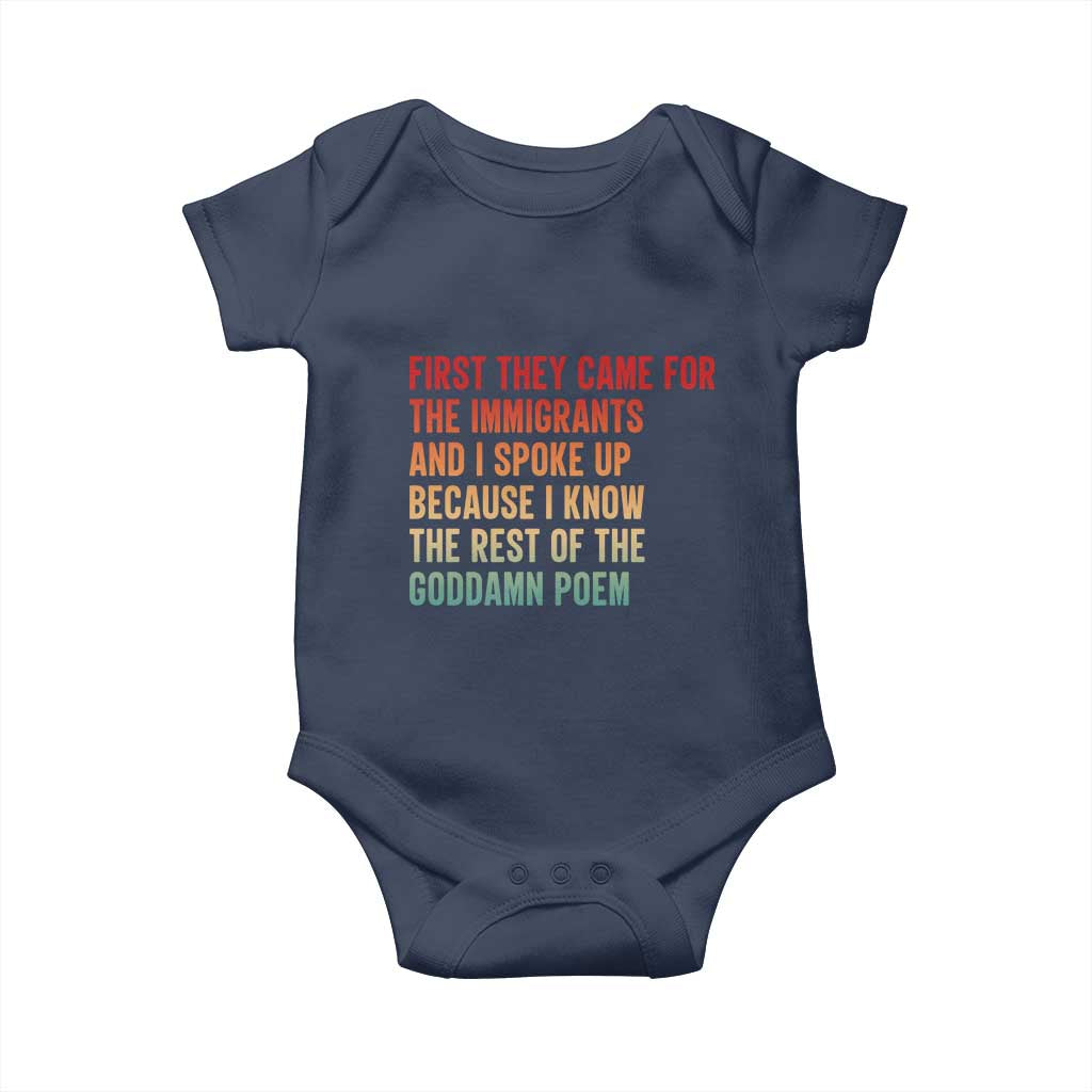 First They Came For The Immigrants Baby Onesie Retro Human Rights Protest TS10 Navy Print Your Wear