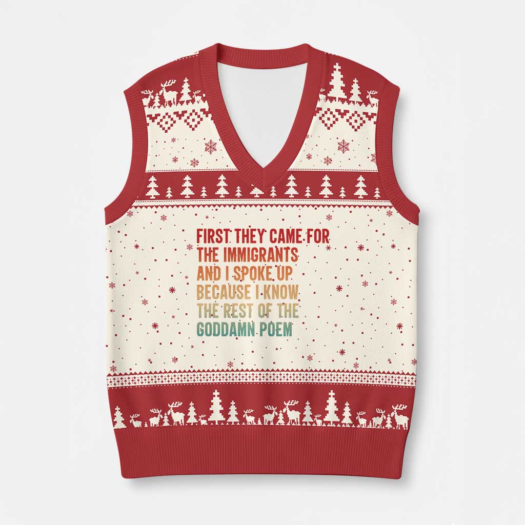 First They Came For The Immigrants V-Neck Knit Sweater Vest Retro Human Rights Protest TS10 Beige Red Print Your Wear