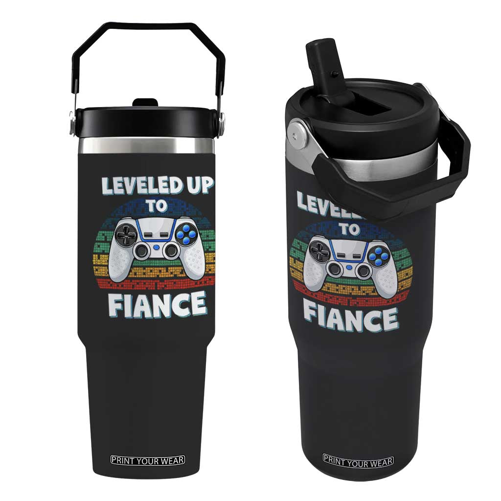 Leveled Up To Fiance Flip Straw Tumbler Retro Newly Engaged Gifts For Him TS10 One Size: 30 oz Black Print Your Wear
