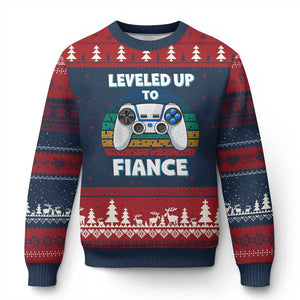 Leveled Up To Fiance Ugly Christmas Sweater Retro Newly Engaged Gifts For Him TS10 Navy Red Print Your Wear