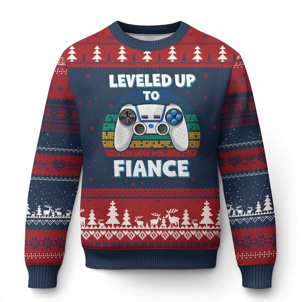 Leveled Up To Fiance Ugly Christmas Sweater Retro Newly Engaged Gifts For Him TS10 Navy Red Print Your Wear