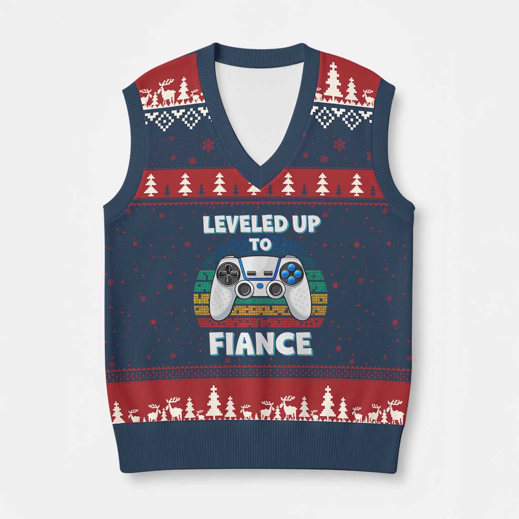 Leveled Up To Fiance V-Neck Knit Sweater Vest Retro Newly Engaged Gifts For Him TS10 Navy Red Print Your Wear