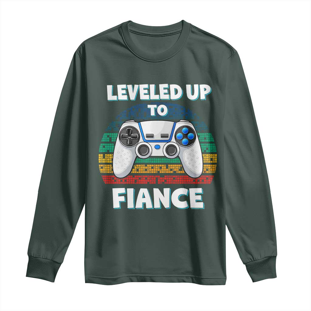 Leveled Up To Fiance Long Sleeve Shirt Retro Newly Engaged Gifts For Him TS10 Dark Forest Green Print Your Wear