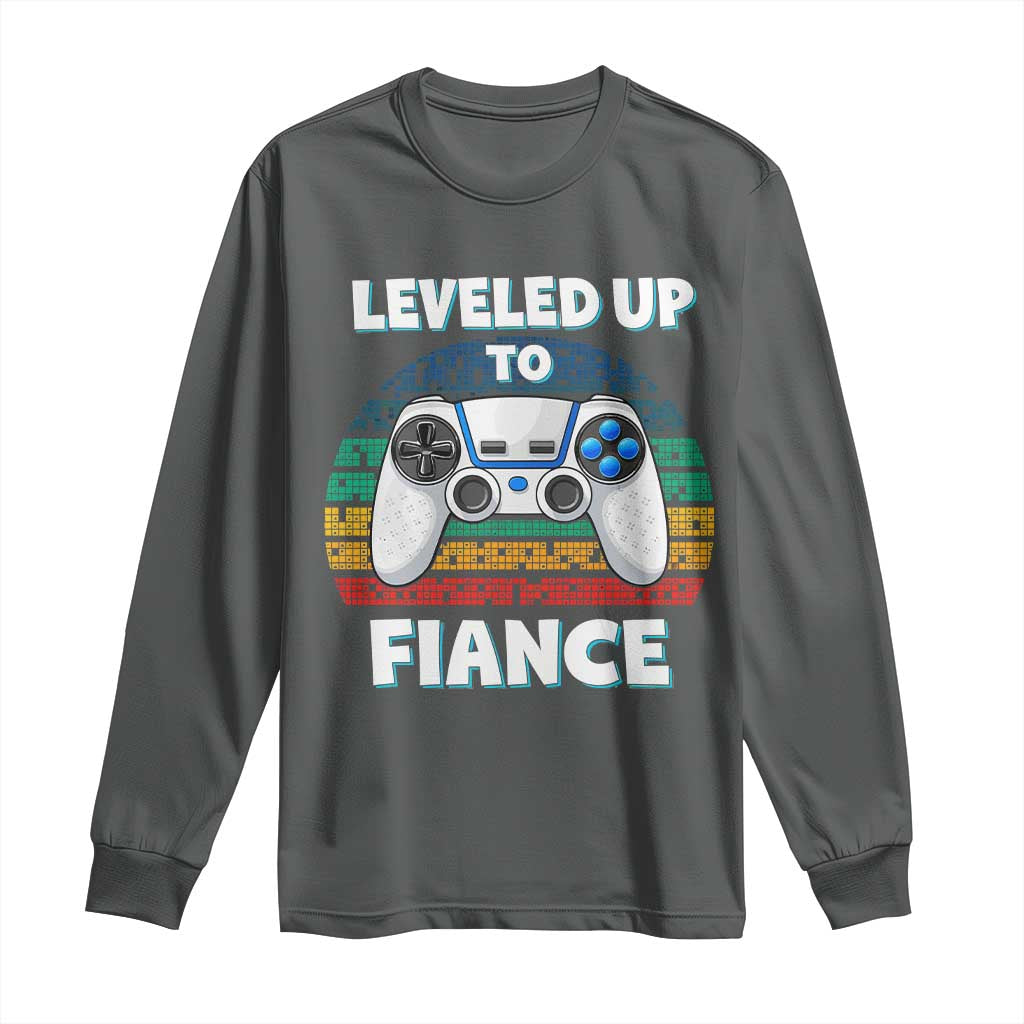 Leveled Up To Fiance Long Sleeve Shirt Retro Newly Engaged Gifts For Him TS10 Dark Heather Print Your Wear