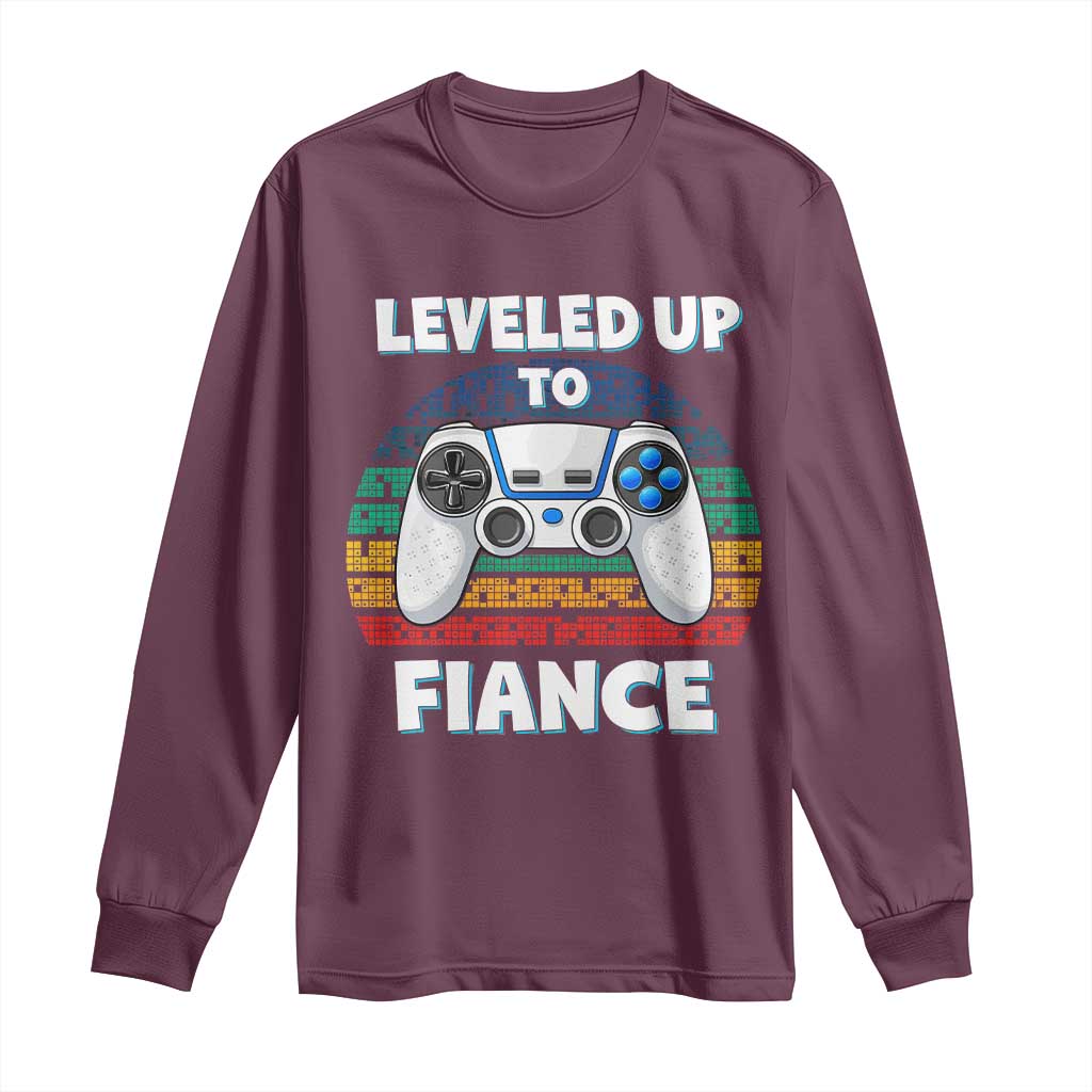Leveled Up To Fiance Long Sleeve Shirt Retro Newly Engaged Gifts For Him TS10 Maroon Print Your Wear