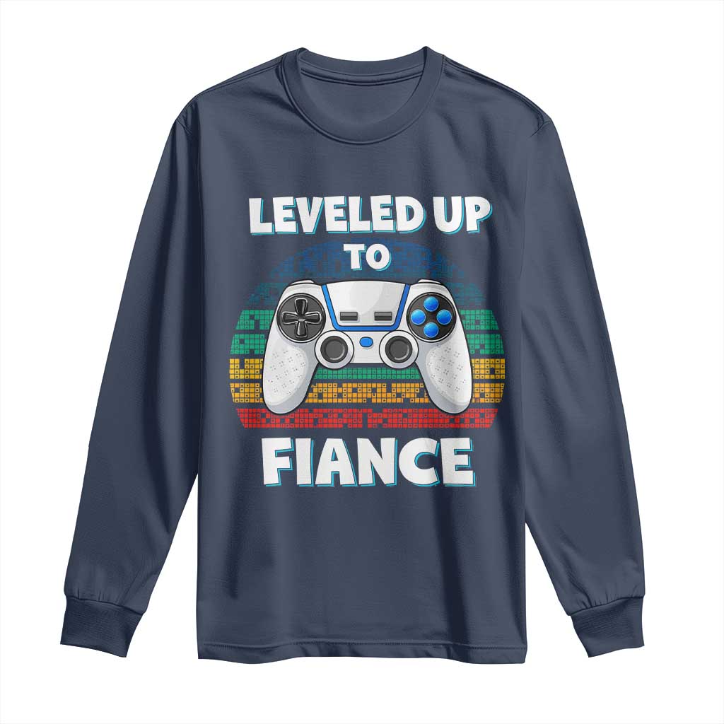 Leveled Up To Fiance Long Sleeve Shirt Retro Newly Engaged Gifts For Him TS10 Navy Print Your Wear