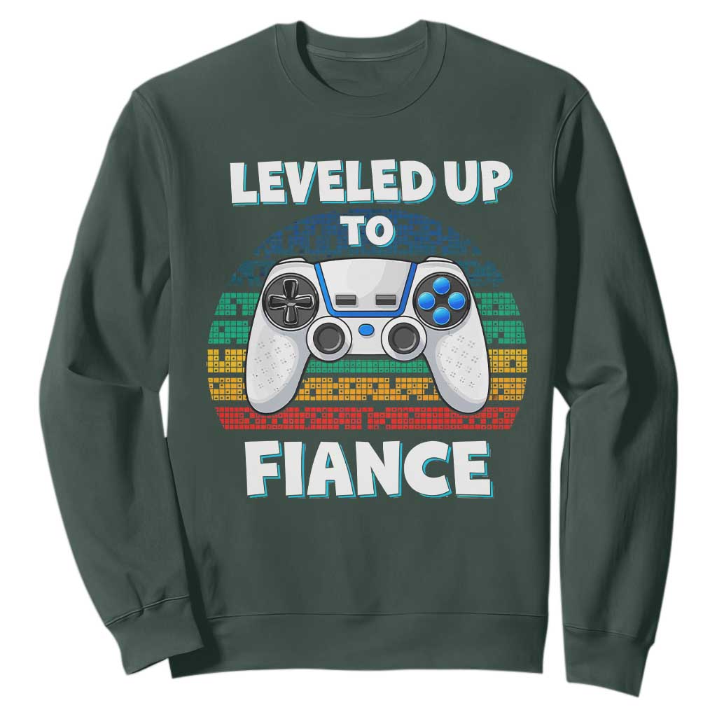 Leveled Up To Fiance Sweatshirt Retro Newly Engaged Gifts For Him TS10 Dark Forest Green Print Your Wear