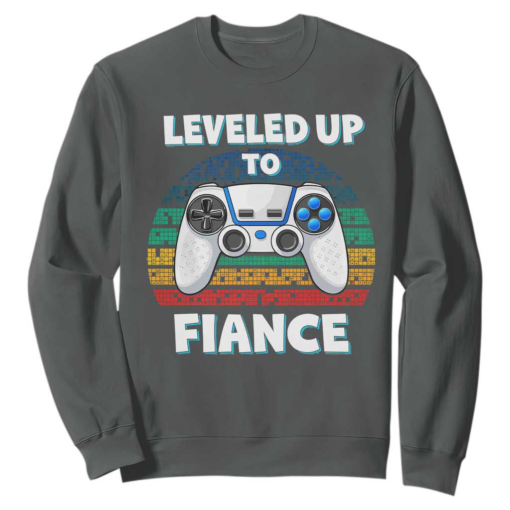 Leveled Up To Fiance Sweatshirt Retro Newly Engaged Gifts For Him TS10 Dark Heather Print Your Wear