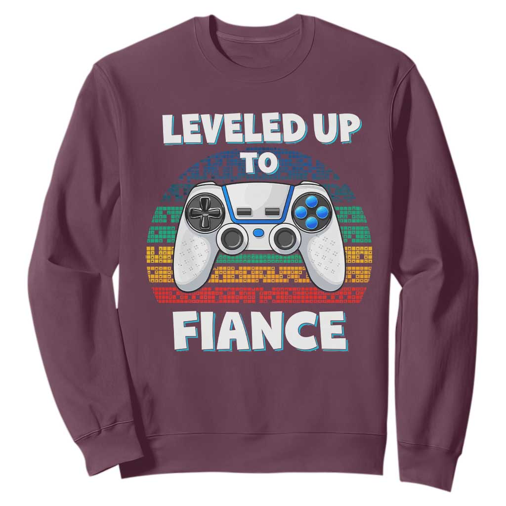 Leveled Up To Fiance Sweatshirt Retro Newly Engaged Gifts For Him TS10 Maroon Print Your Wear