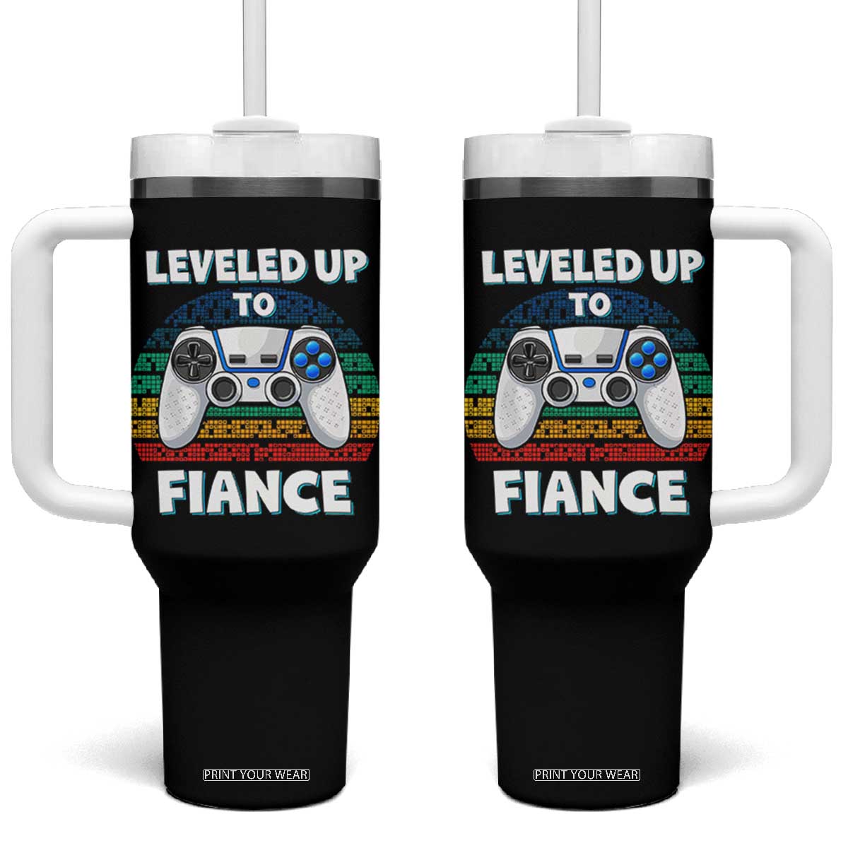 Leveled Up To Fiance Tumbler With Handle Retro Newly Engaged Gifts For Him TS10 One Size: 40 oz Black Print Your Wear