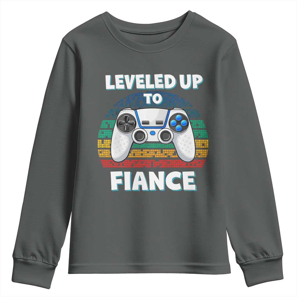 Leveled Up To Fiance Youth Sweatshirt Retro Newly Engaged Gifts For Him TS10 Dark Heather Print Your Wear
