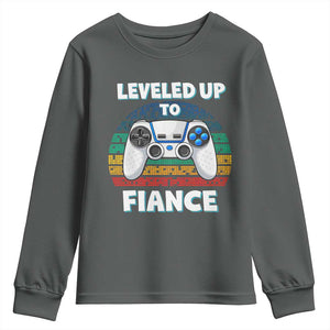 Leveled Up To Fiance Youth Sweatshirt Retro Newly Engaged Gifts For Him TS10 Dark Heather Print Your Wear