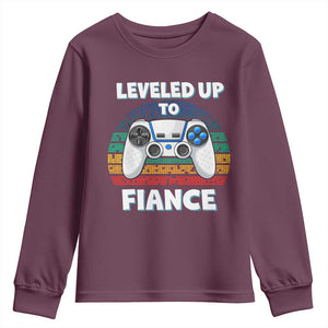 Leveled Up To Fiance Youth Sweatshirt Retro Newly Engaged Gifts For Him TS10 Maroon Print Your Wear