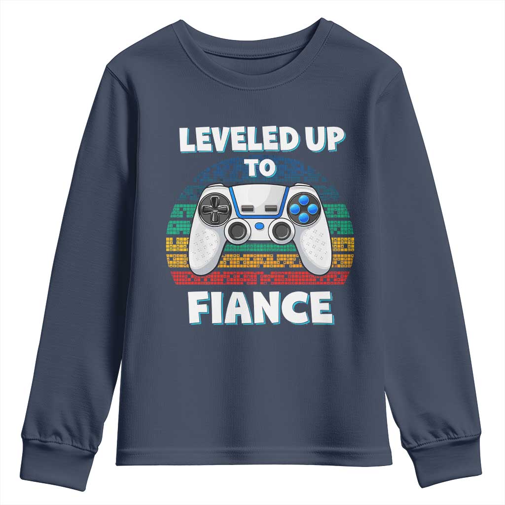 Leveled Up To Fiance Youth Sweatshirt Retro Newly Engaged Gifts For Him TS10 Navy Print Your Wear