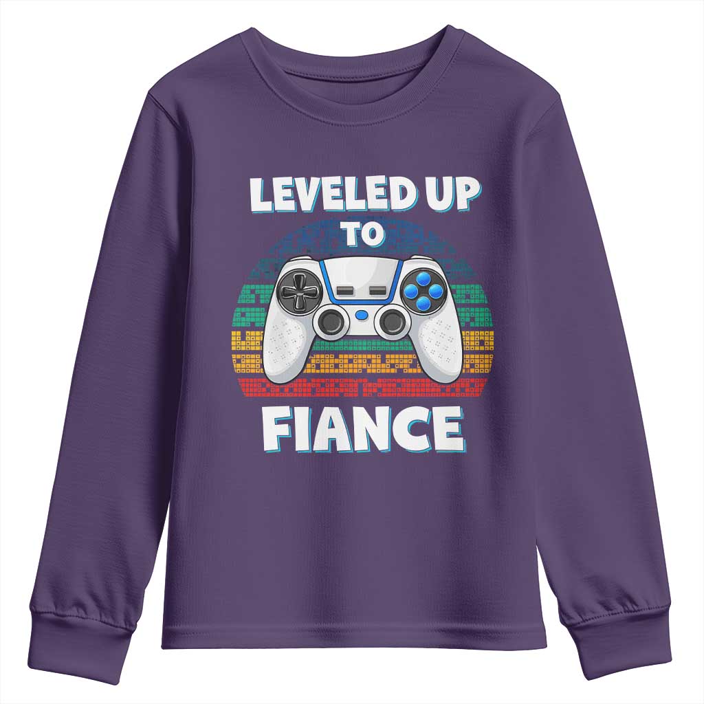 Leveled Up To Fiance Youth Sweatshirt Retro Newly Engaged Gifts For Him TS10 Purple Print Your Wear