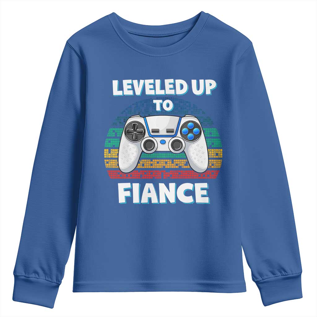 Leveled Up To Fiance Youth Sweatshirt Retro Newly Engaged Gifts For Him TS10 Royal Blue Print Your Wear
