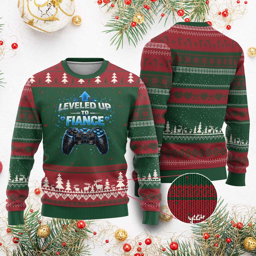 Leveled Up To Fiance Ugly Christmas Sweater Newly Engaged Gifts For Him Gamer TS10 Red Green Print Your Wear