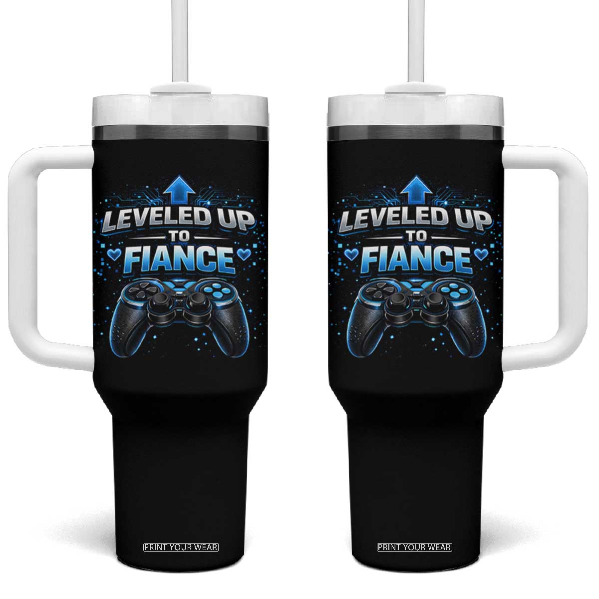 Leveled Up To Fiance Tumbler With Handle Newly Engaged Gifts For Him Gamer TS10 One Size: 40 oz Black Print Your Wear