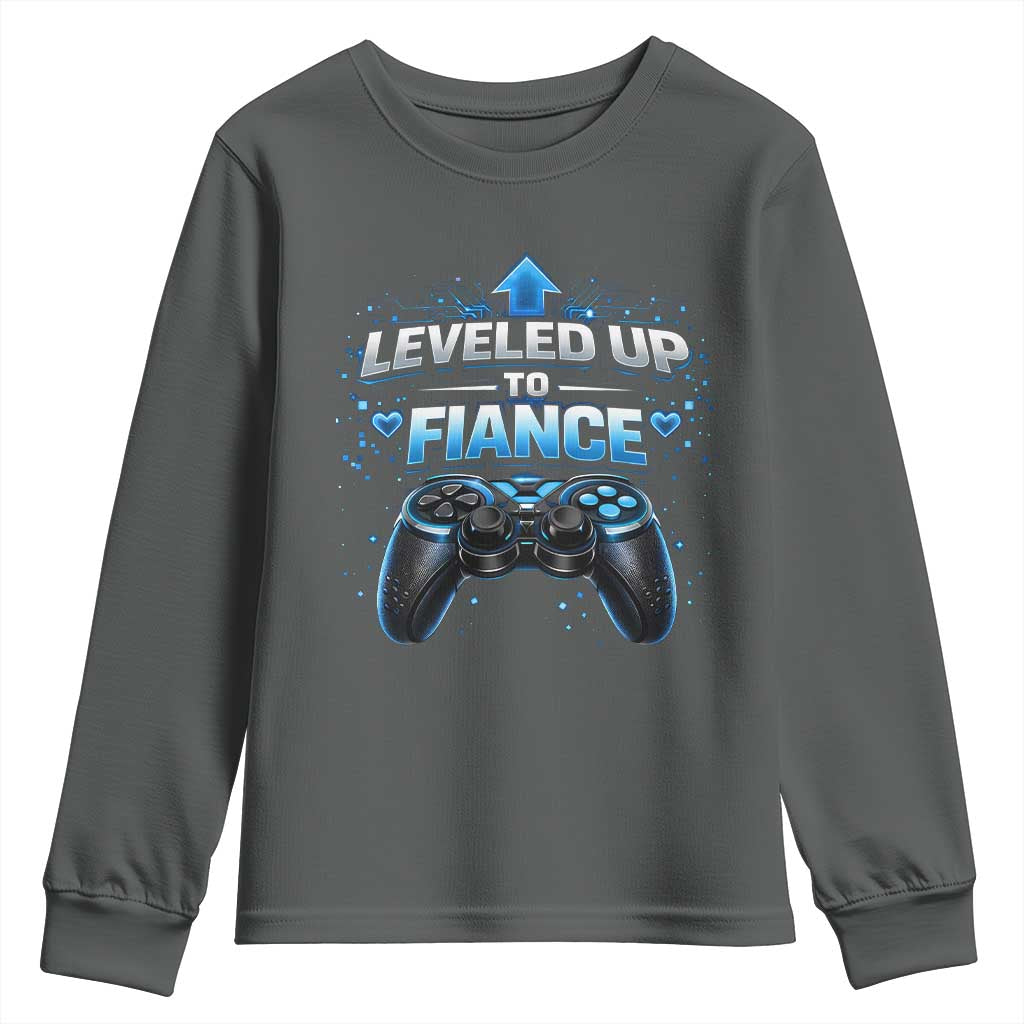 Leveled Up To Fiance Youth Sweatshirt Newly Engaged Gifts For Him Gamer TS10 Dark Heather Print Your Wear