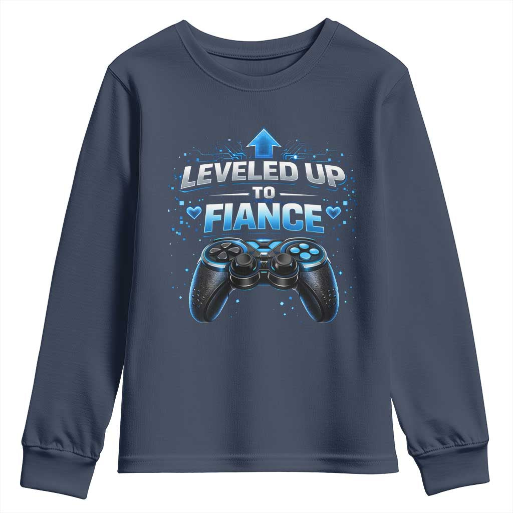 Leveled Up To Fiance Youth Sweatshirt Newly Engaged Gifts For Him Gamer TS10 Navy Print Your Wear