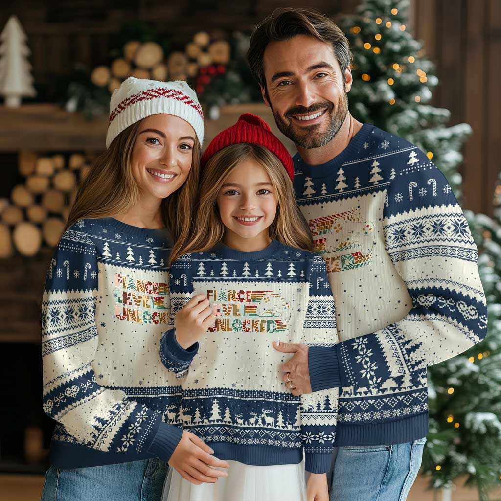 Fiance Level Unlocked Ugly Christmas Sweater Retro Engaged Gifts For Him Gamer TS10 Beige Navy Print Your Wear
