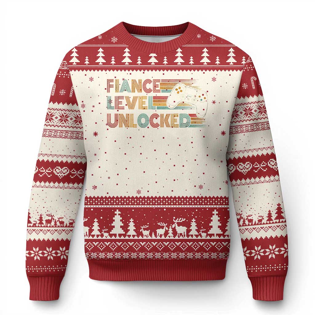 Fiance Level Unlocked Ugly Christmas Sweater Retro Engaged Gifts For Him Gamer TS10 Beige Red Print Your Wear