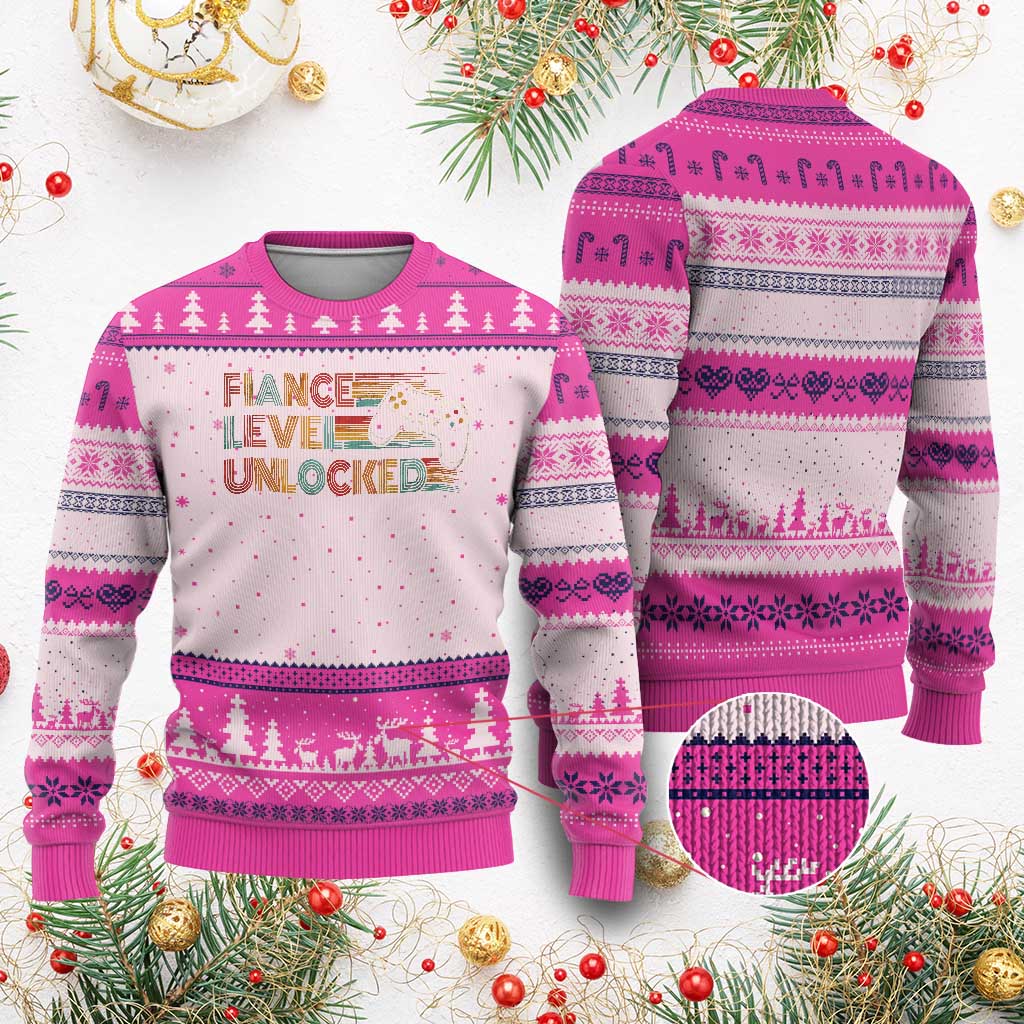 Fiance Level Unlocked Ugly Christmas Sweater Retro Engaged Gifts For Him Gamer TS10 Hot Pink Print Your Wear