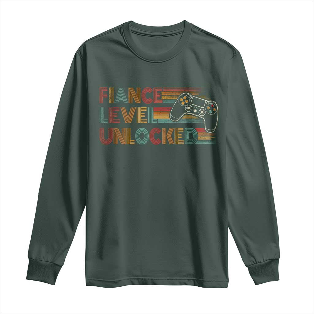 Fiance Level Unlocked Long Sleeve Shirt Retro Engaged Gifts For Him Gamer TS10 Dark Forest Green Print Your Wear