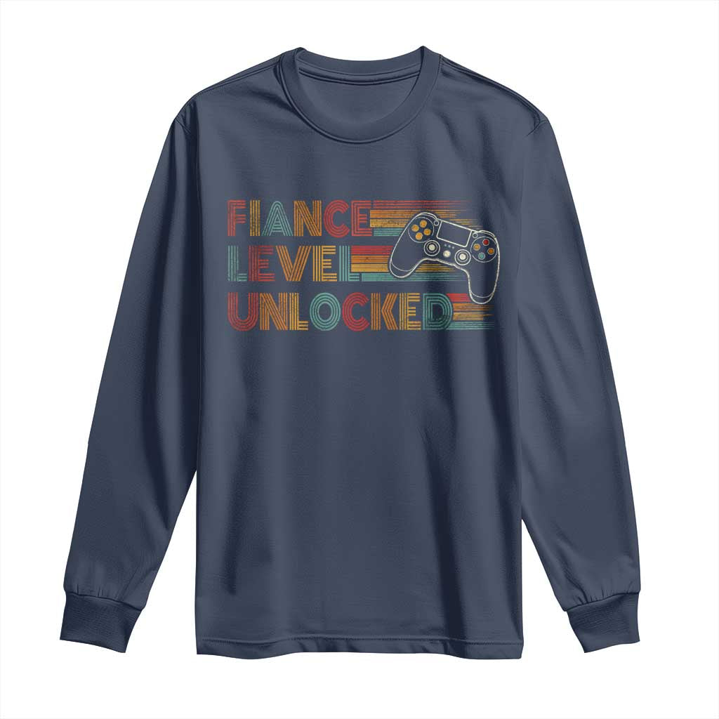 Fiance Level Unlocked Long Sleeve Shirt Retro Engaged Gifts For Him Gamer TS10 Navy Print Your Wear