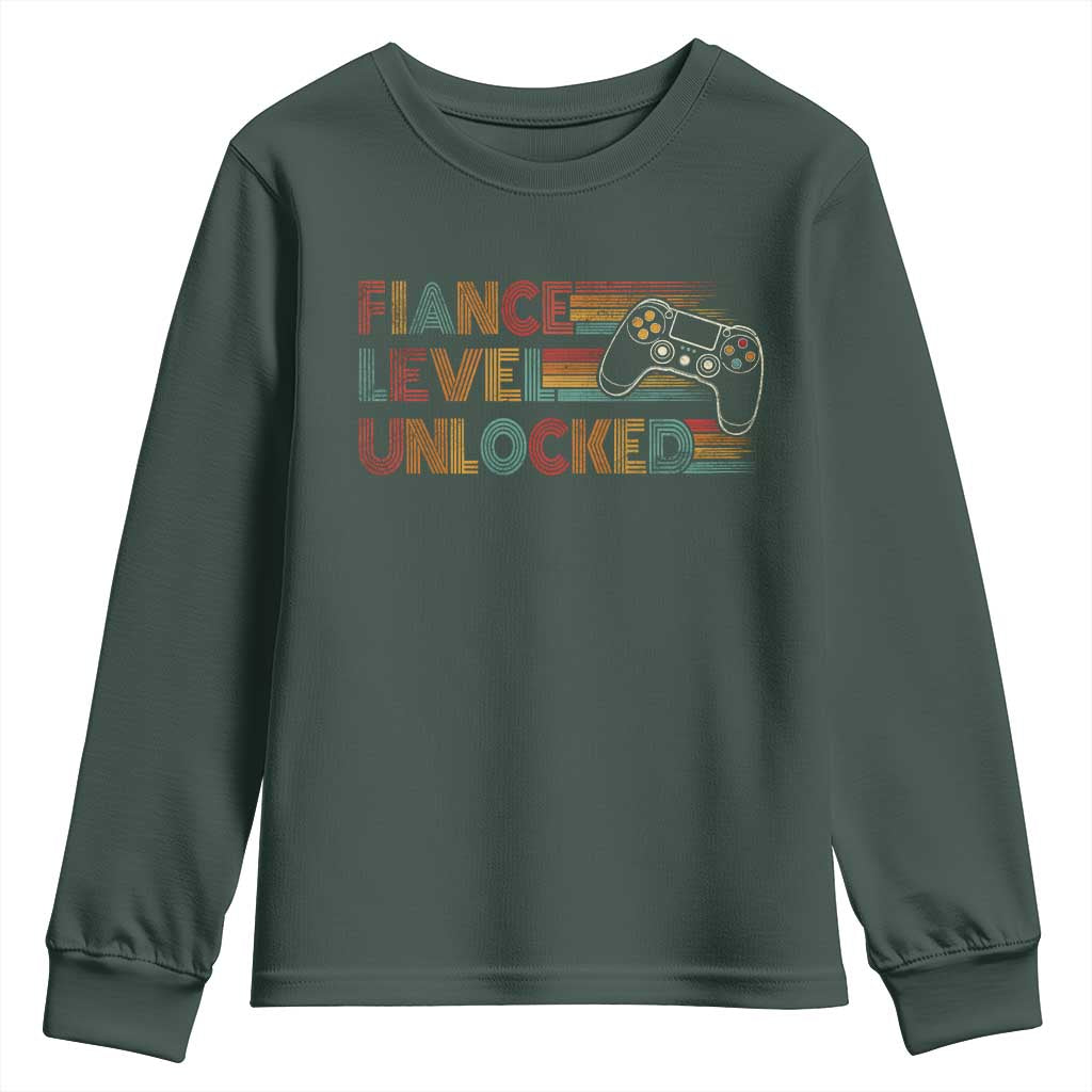 Fiance Level Unlocked Youth Sweatshirt Retro Engaged Gifts For Him Gamer TS10 Dark Forest Green Print Your Wear