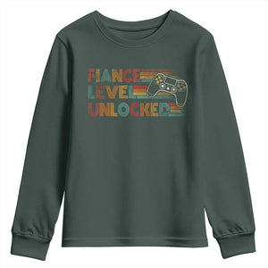 Fiance Level Unlocked Youth Sweatshirt Retro Engaged Gifts For Him Gamer TS10 Dark Forest Green Print Your Wear