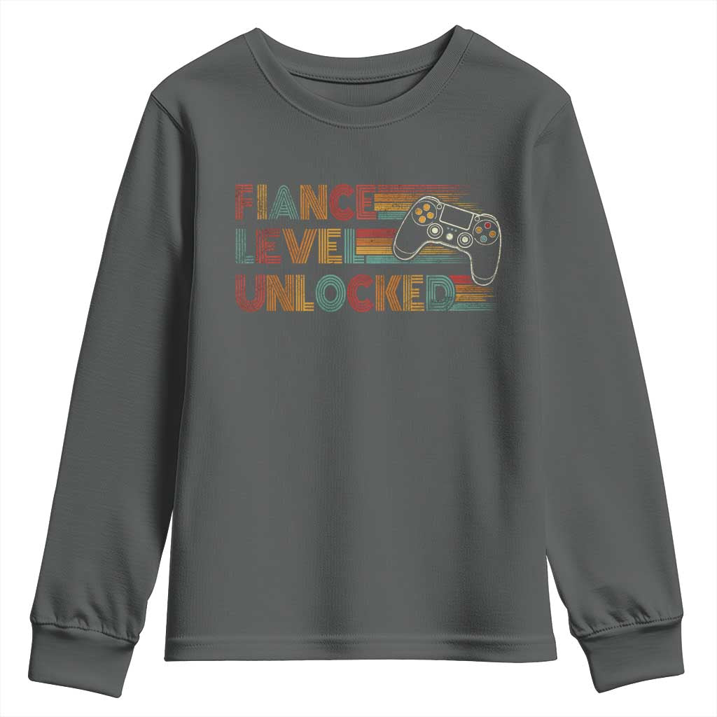 Fiance Level Unlocked Youth Sweatshirt Retro Engaged Gifts For Him Gamer TS10 Dark Heather Print Your Wear