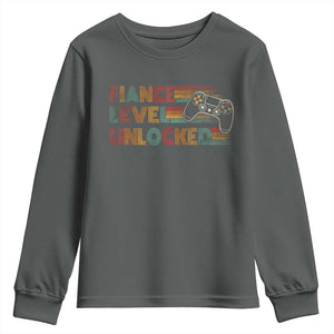 Fiance Level Unlocked Youth Sweatshirt Retro Engaged Gifts For Him Gamer TS10 Dark Heather Print Your Wear