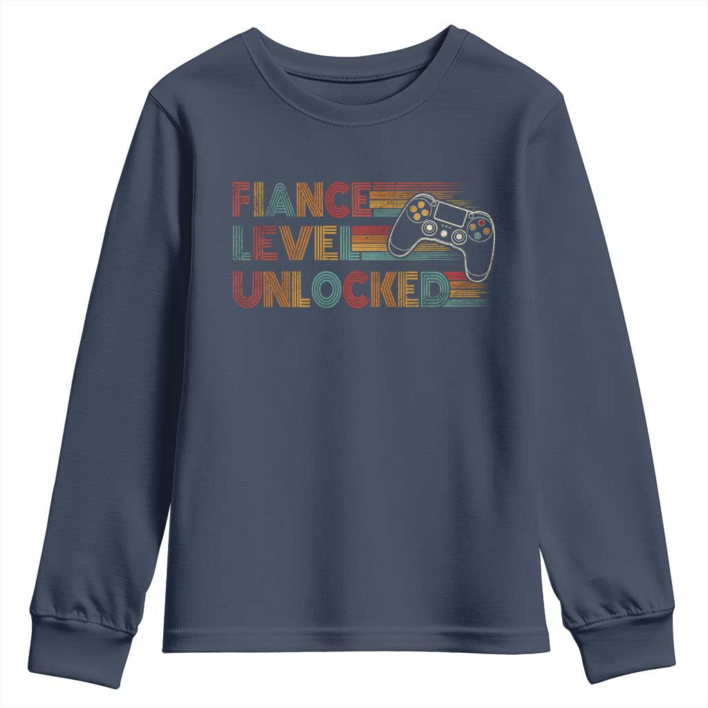 Fiance Level Unlocked Youth Sweatshirt Retro Engaged Gifts For Him Gamer TS10 Navy Print Your Wear