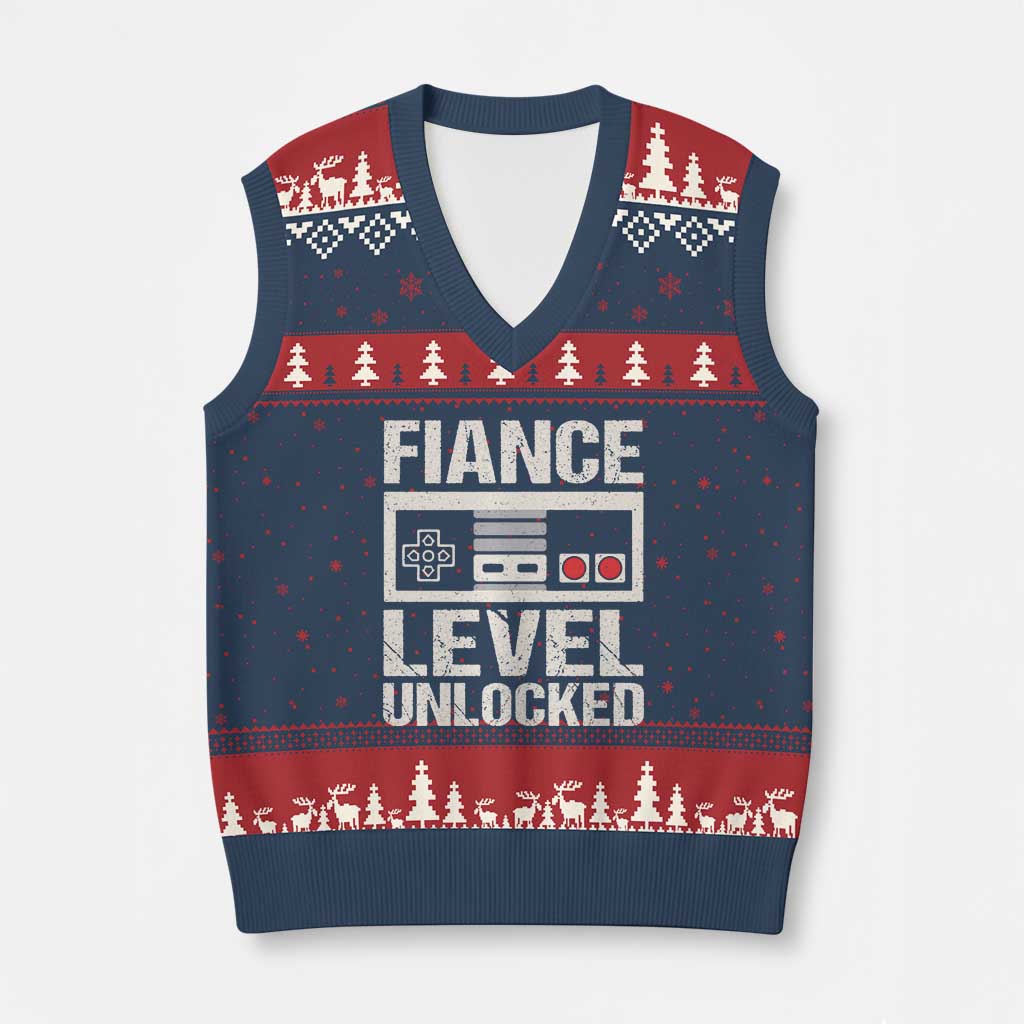 Leveled Fiance Unlocked V-Neck Knit Sweater Vest Engagement Gift For Fiancé Bachelor Party TS10 Navy Red Print Your Wear