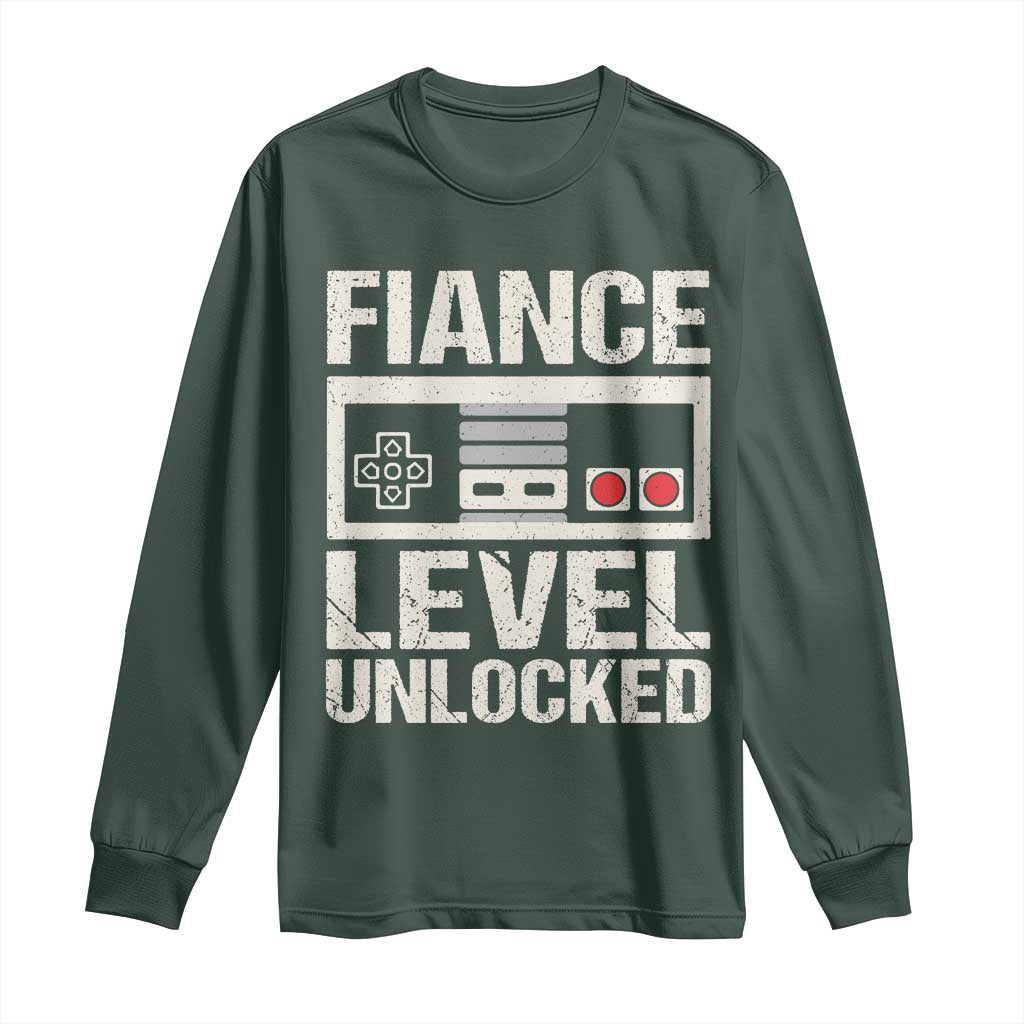 Leveled Fiance Unlocked Long Sleeve Shirt Engagement Gift For Fiancé Bachelor Party TS10 Dark Forest Green Print Your Wear