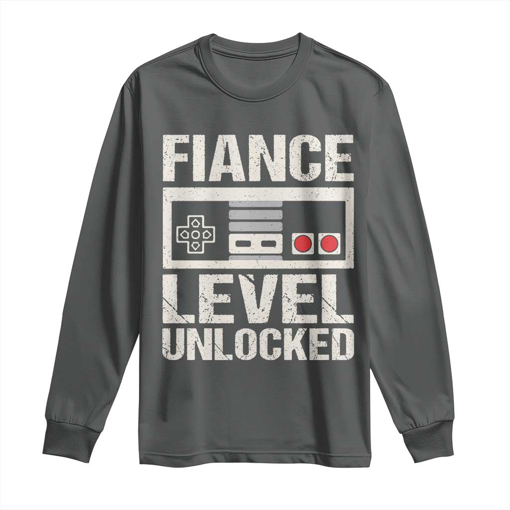 Leveled Fiance Unlocked Long Sleeve Shirt Engagement Gift For Fiancé Bachelor Party TS10 Dark Heather Print Your Wear