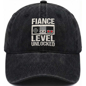 Leveled Fiance Unlocked Washed Cotton Baseball Cap Engagement Gift For Fiancé Bachelor Party TS10 Washed Cap Universal Fit Black Print Your Wear