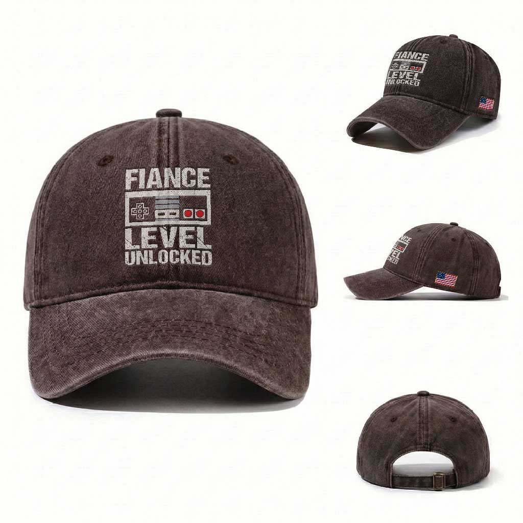 Leveled Fiance Unlocked Washed Cotton Baseball Cap Engagement Gift For Fiancé Bachelor Party TS10 Washed Cap Universal Fit Dark Brown Print Your Wear