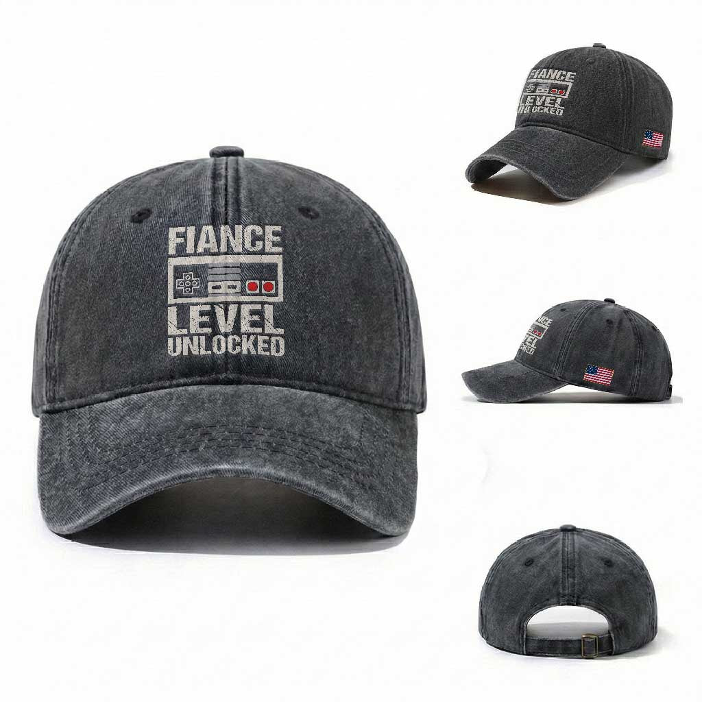 Leveled Fiance Unlocked Washed Cotton Baseball Cap Engagement Gift For Fiancé Bachelor Party TS10 Washed Cap Universal Fit Dark Gray Print Your Wear