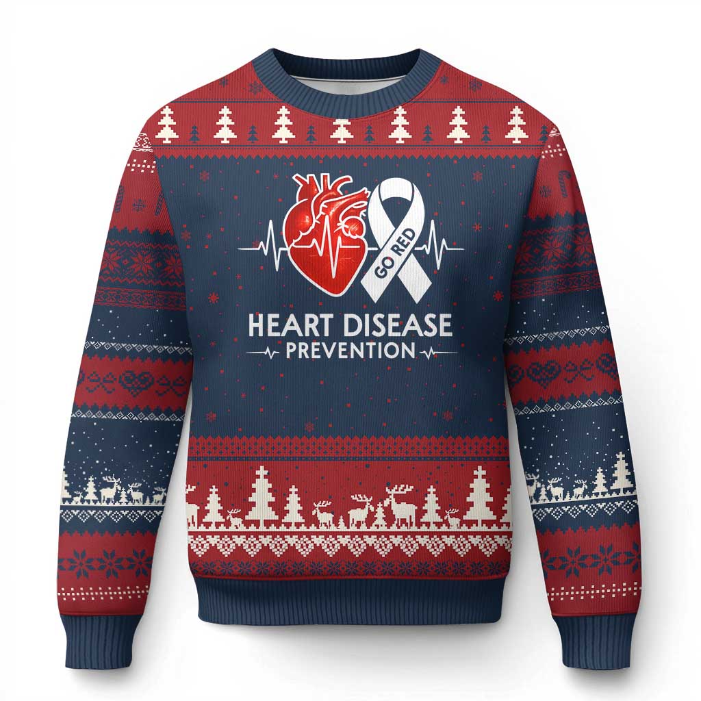 Go Red Heart Disease Prevention Ugly Christmas Sweater Heartbeat CHD Wear Red February Month TS10 Navy Red Print Your Wear