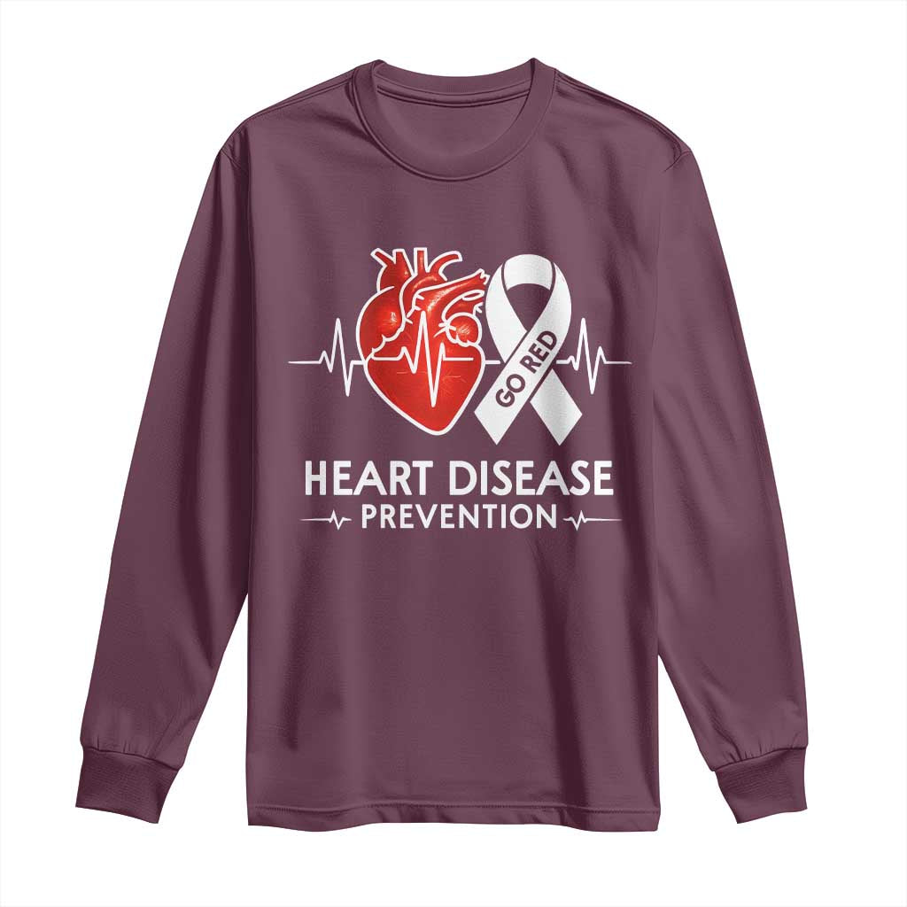 Go Red Heart Disease Prevention Long Sleeve Shirt Heartbeat CHD Wear Red February Month TS10 Maroon Print Your Wear