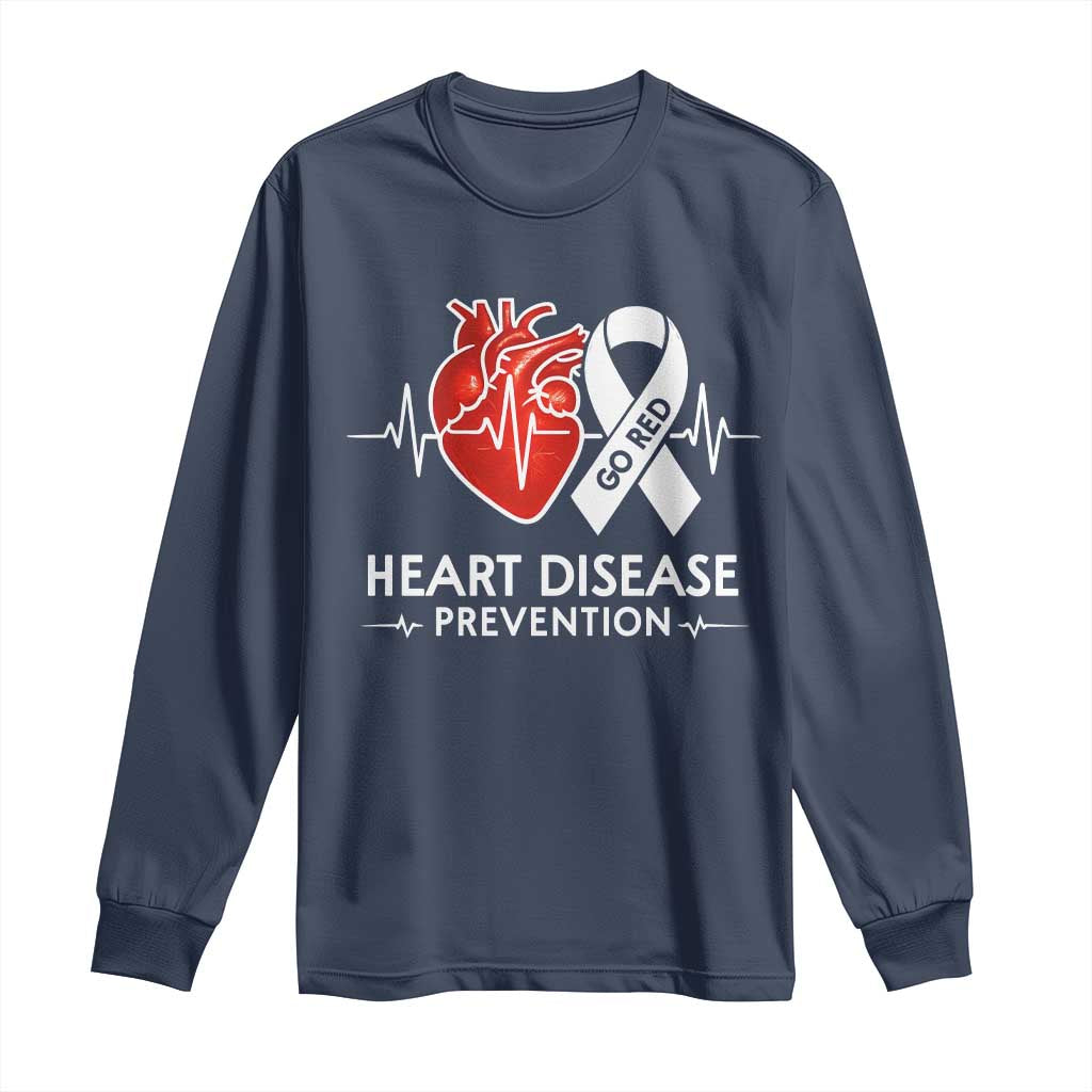 Go Red Heart Disease Prevention Long Sleeve Shirt Heartbeat CHD Wear Red February Month TS10 Navy Print Your Wear