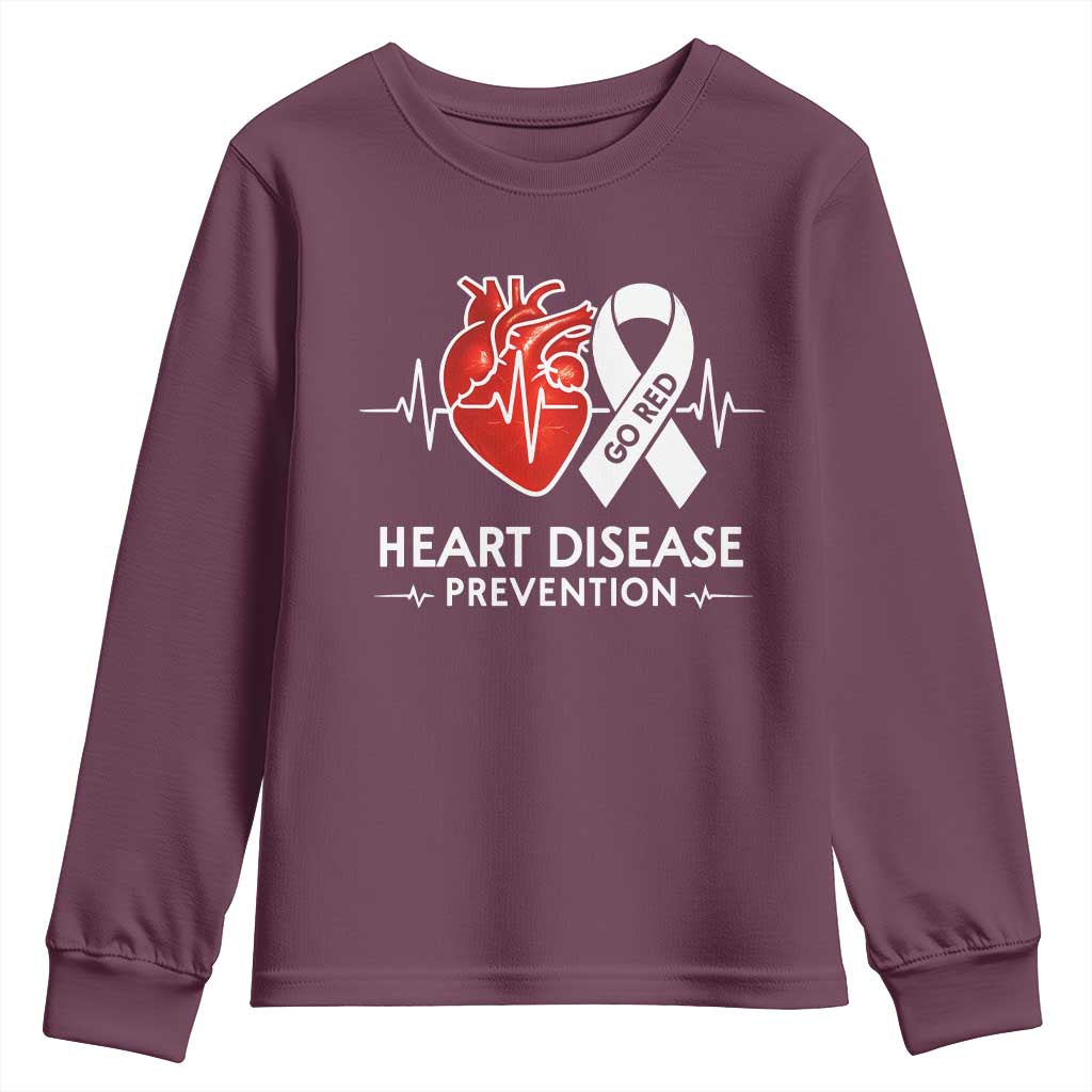 Go Red Heart Disease Prevention Youth Sweatshirt Heartbeat CHD Wear Red February Month TS10 Maroon Print Your Wear