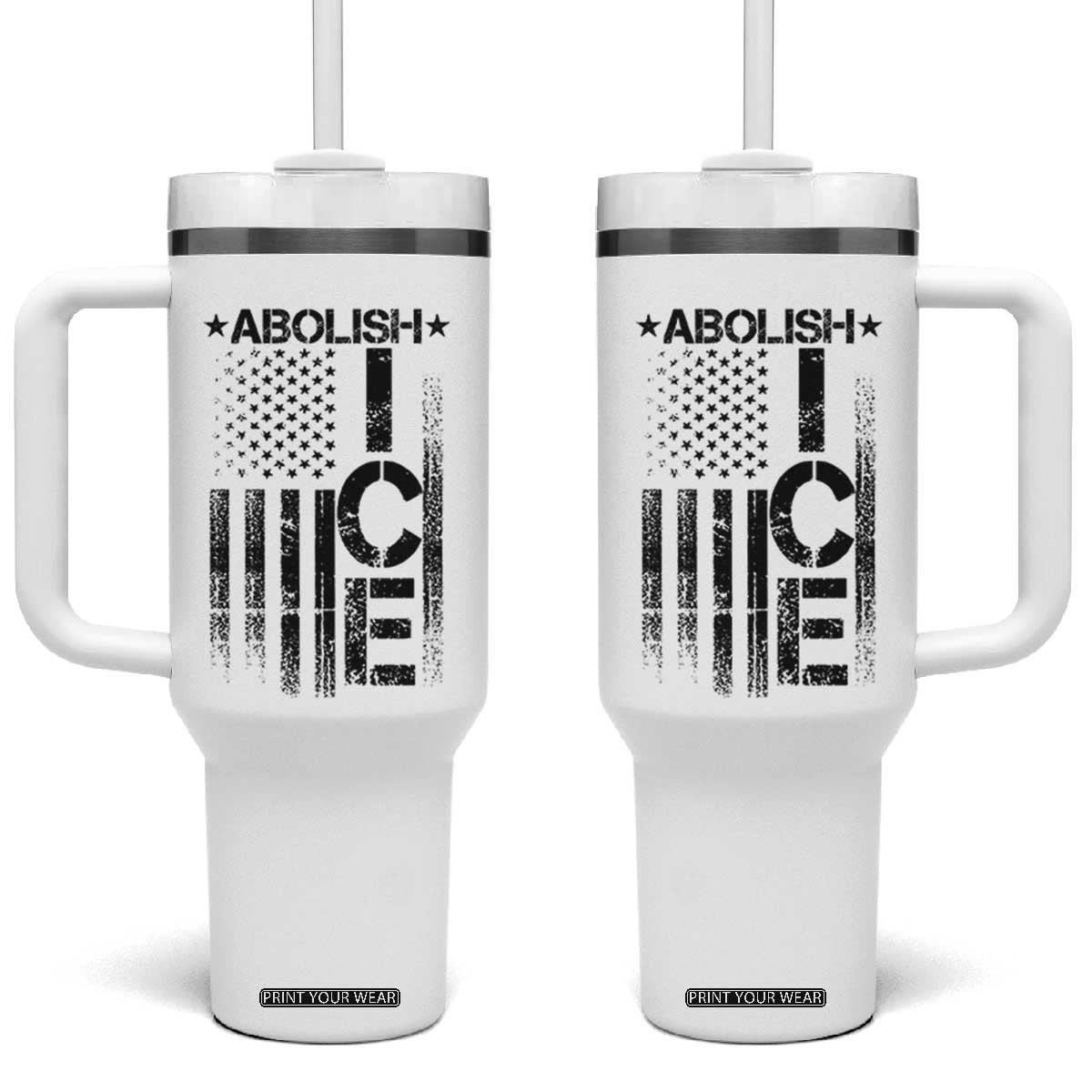 Abolish ICE Tumbler With Handle Vintage American Flag TS10 One Size: 40 oz White Print Your Wear