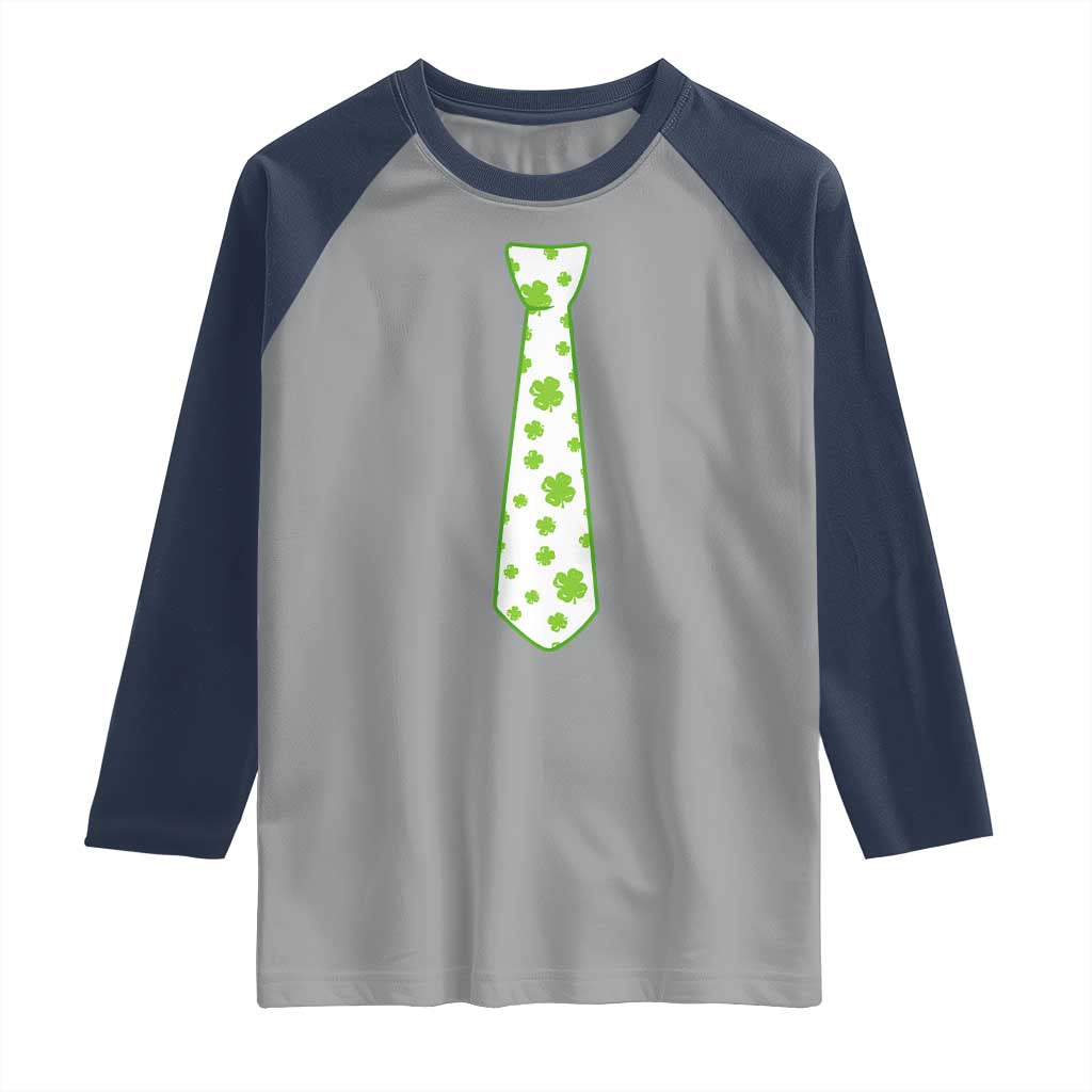Shamrocks Tie Raglan Shirt Kids St Patricks Day Costume Party Humor TS10 Sport Gray Navy Print Your Wear